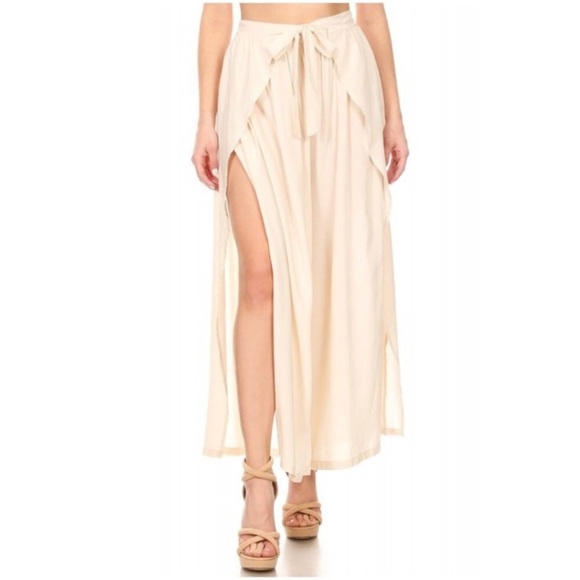 shosho Pants - Palazzo Pants Draped Self Belt Split Leg Cream